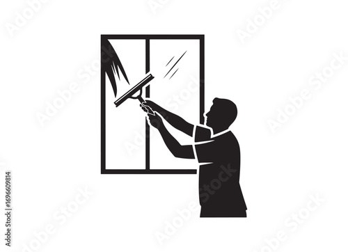 Silhouette of a person cleaning a window with a squeegee professional window washing service