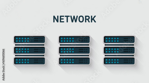 Illustration of three server racks stacked vertically representing a computer network system setup
