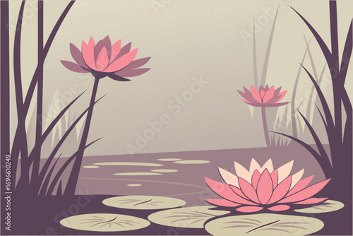 Three pink water lilies float peacefully amidst reeds and lily pads on a serene pond