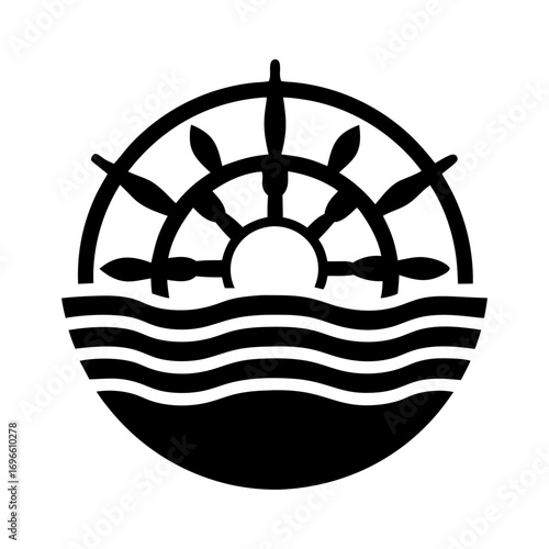 Black and white vector of ship wheel above stylized waves, suitable for marine business logo, sailing club branding or nautical identity in clean minimal style