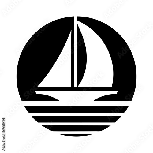 Minimalist vector graphic with stylized sailboat on simplified ocean waves inside circular emblem for marine branding, sailing clubs, boat rentals or nautical themed projects