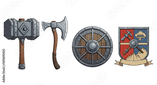 Cartoon Viking Weaponry: Hammer, Axe, Shield, and Heraldic Crest Illustration