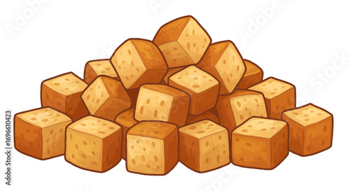 Pile of croutons toasted bread cubes food ingredient salad topping crispy baked golden brown delicious snack on transparent background