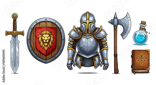Knight's Arsenal: Sword, Shield, Armor, Axe, Potion, and Grimoire Displayed