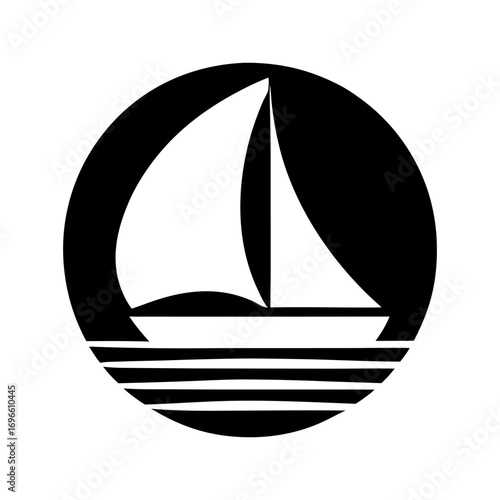 Minimalist vector graphic with stylized sailboat on simplified ocean waves inside circular emblem for marine branding, sailing clubs, boat rentals or nautical themed projects