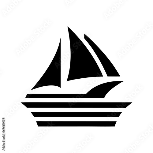 Minimalist vector graphic with stylized sailboat on simplified ocean waves inside circular emblem for marine branding, sailing clubs, boat rentals or nautical themed projects