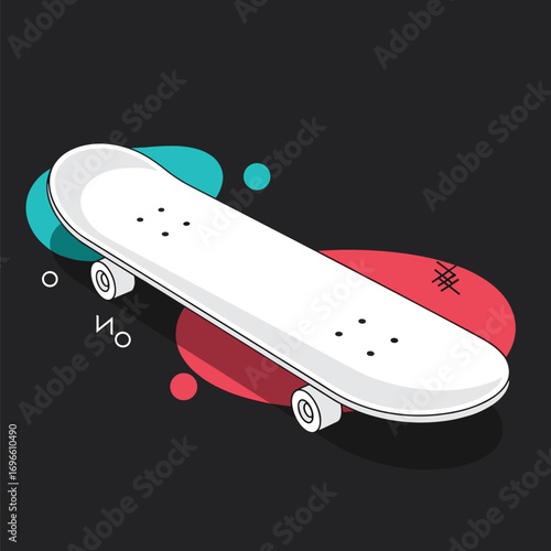 A blank white skateboard with abstract geometric shapes in red and teal against a dark background