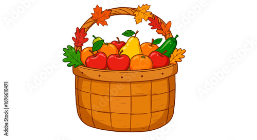 Autumn harvest basket full of fresh fruits apples oranges pears and zucchini illustration seasonal food on transparent background