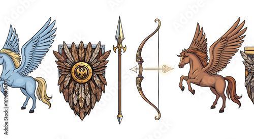 Mythical Elements: Pegasus, Shield, Spear and Bow on White Background