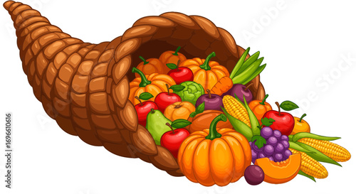 Cornucopia thanksgiving harvest autumn fall abundance fruits vegetables seasonal holiday celebration design on transparent background