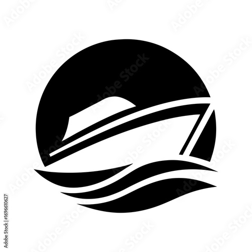 Minimalist sailboat logo with stylized vessel and prominent sail on gentle waves inside circular frame for sailing schools, yacht clubs, boat rentals or maritime branding needs