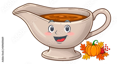Cartoon gravy boat with face and autumn decorations for thanksgiving holiday season vector illustration on transparent background