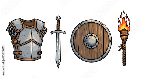 Medieval Warrior Equipment: Armor, Sword, Shield, and Burning Torch Illustration