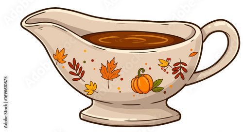 Autumn gravy boat sauce thanksgiving dinner fall harvest celebration seasonal culinary illustration on transparent background