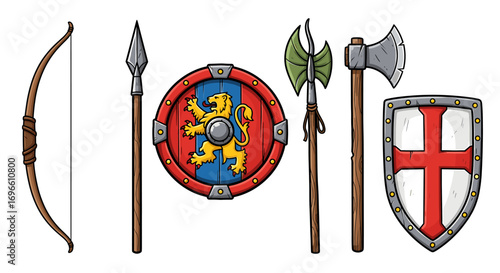 Medieval Weaponry Collection: Bow, Spear, Axe, and Shields Art