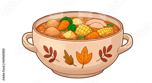 Delicious vegetable soup with carrots corn and potatoes in a decorative bowl with autumn leaves on transparent background