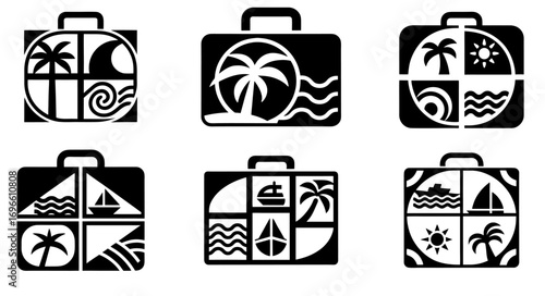 Black and white suitcase set with cruise ship, palm tree, sun and waves, suitable for summer holiday branding, travel agency promotions or seaside resort identity