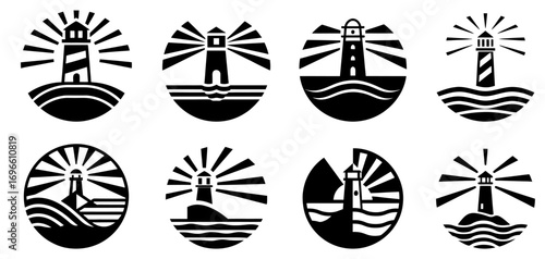 Black and white lighthouse vector set emitting light beams on hilltop, suitable for navigation safety, coastal guidance and maritime themed graphic projects