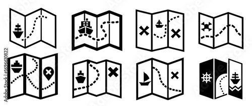 Nautical map with ship route and two cross marks, set for treasure hunt concepts, marine navigation or travel planning graphics in clean vector style