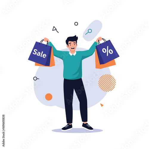 Excited shopper with bags full of bargains discovering amazing deals and discounts during a shopping spree celebration