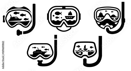 Black and white icon set of snorkeling mask showing yacht and fish in ocean, suitable for underwater exploration, diving logos and marine adventure branding