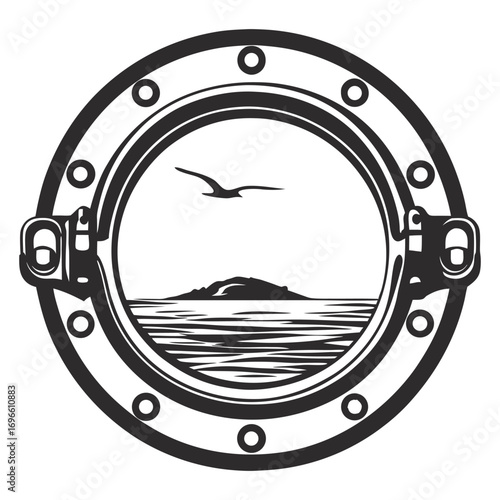 Vintage ship porthole framing seascape with flying seagull, island and ocean waves in monochrome vector for marine navigation, travel branding or nautical themed decorations