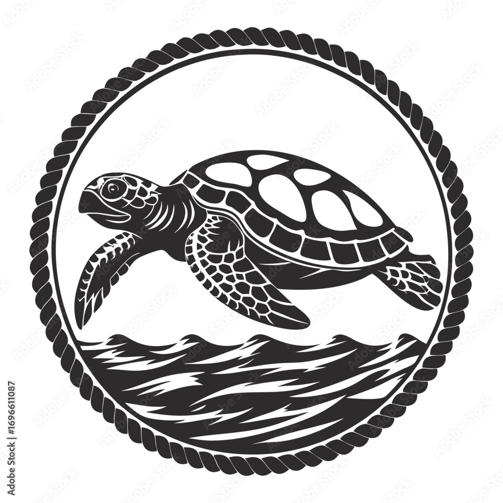Naklejka premium Monochrome emblem with sea turtle above stylized waves in circular rope frame, suitable for nautical branding, marine conservation projects, coastal tourism, and ocean wildlife themes