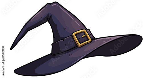 Purple pointy wizard hat with gold buckle halloween costume accessory magical sorcerer headwear for party on transparent background