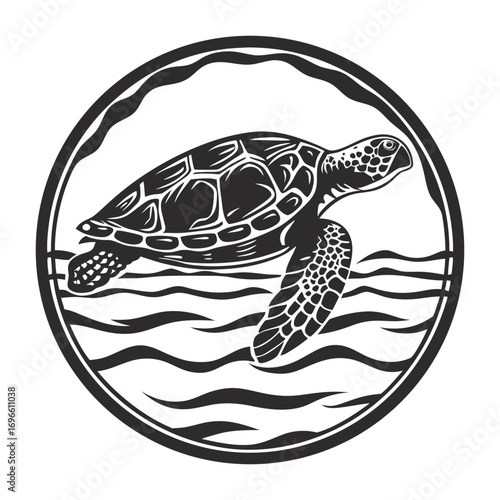 Monochrome round nautical emblem with sea turtle swimming through ocean waves, ideal for marine logo, ocean conservation design, underwater wildlife theme, or coastal tourism branding