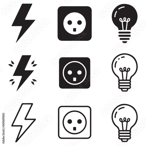 Electricity Icons Featuring Lightning Bolts Electrical Outlets and Light Bulbs Keywords: lightning bolt, thunder, electricity, power, energy, charge, spark, electrical outlet, socket, plug