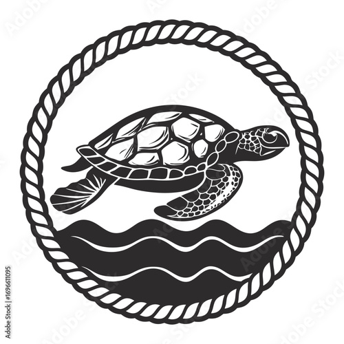 Monochrome emblem with sea turtle above stylized waves in circular rope frame, suitable for nautical branding, marine conservation projects, coastal tourism, and ocean wildlife themes