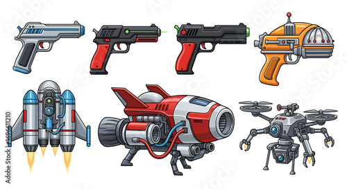 Futuristic Weaponry and Spacecrafts in Colorful Cartoon Vector Art
