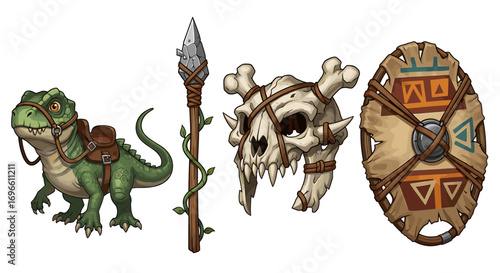 Prehistoric Cartoon Set with Dinosaur, Spear, Skull and Decorated Shield