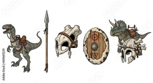 Cartoon Dinosaurs with Saddle, Spear, Helmet, and Shield on White Background