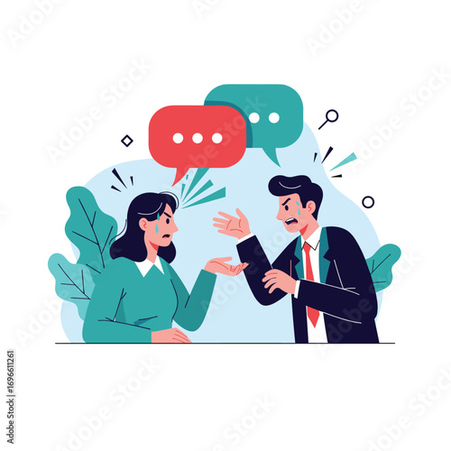 Two people arguing and expressing disagreement through speech bubbles and hand gestures representing conflict