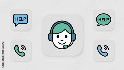 Illustration of customer service icons with headset agent and help speech bubbles on gray background