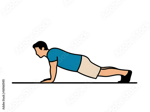 Man Doing Push-ups in a Plank Position, Home Workout Vector Illustration