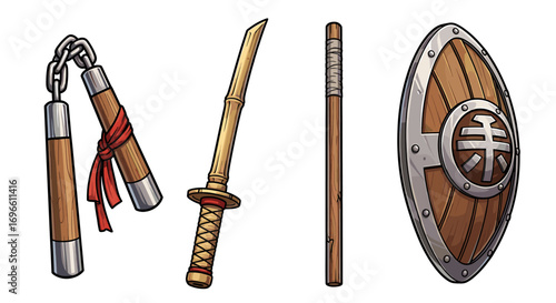 Cartoon Warrior Armory: Nunchucks, Bamboo Sword, Staff, and Shield