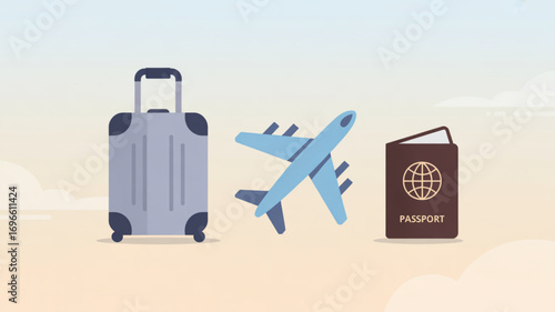 Illustration showing a suitcase, a blue airplane, and a passport on a light beige background color