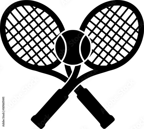 Two tennis rackets with a tennis ball in the middle. The rackets are crossed over each other