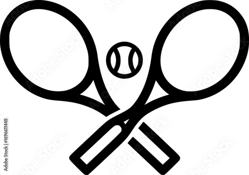 Two tennis rackets with a tennis ball in the middle. The rackets are crossed over each other