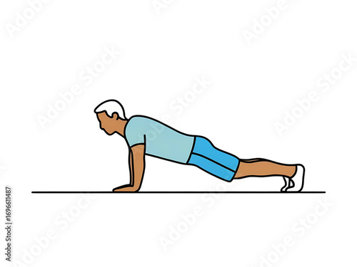 Man Doing Push-ups in a Plank Position, Home Workout Vector Illustration