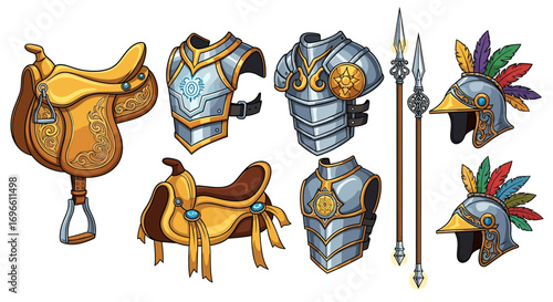 Cartoonish Warrior Equipment Set with Saddles, Armor, Spears, and Helmets