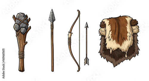 Cartoon Set of Prehistoric Hunting Tools and Clothing on White
