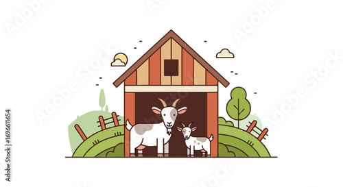 Stylized Illustration of Goats Sheltering Inside a Barn Amidst Rolling Green Hills and a Peaceful Sky 150