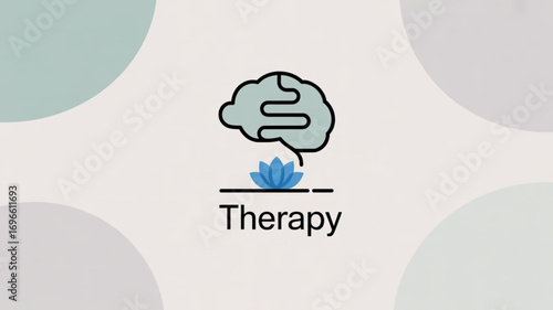 Illustration of a brain above a lotus flower and the word therapy on a light background design