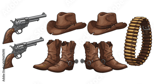 Western Gear Still Life: Revolvers, Cowboy Boots, Hats, and Ammo