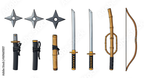 Set of illustrated traditional Japanese ninja weapons on a white backdrop