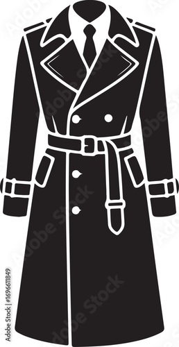 Classic black and white vector icon of a men's trench coat, symbolizing detective noir style and timeless fashion.