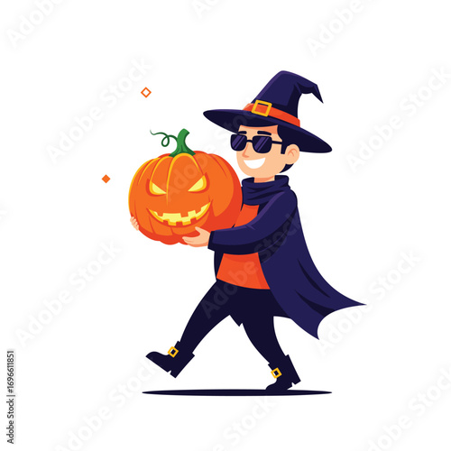 A happy young witch character dressed in a black hat and cape carries a jack o lantern pumpkin smiling brightly